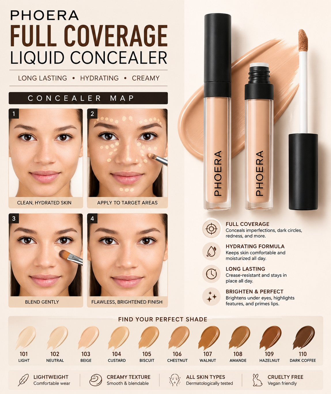 Phoera Concealer Full Coverage Liquid – Flawless, Long-Lasting & Hydrating