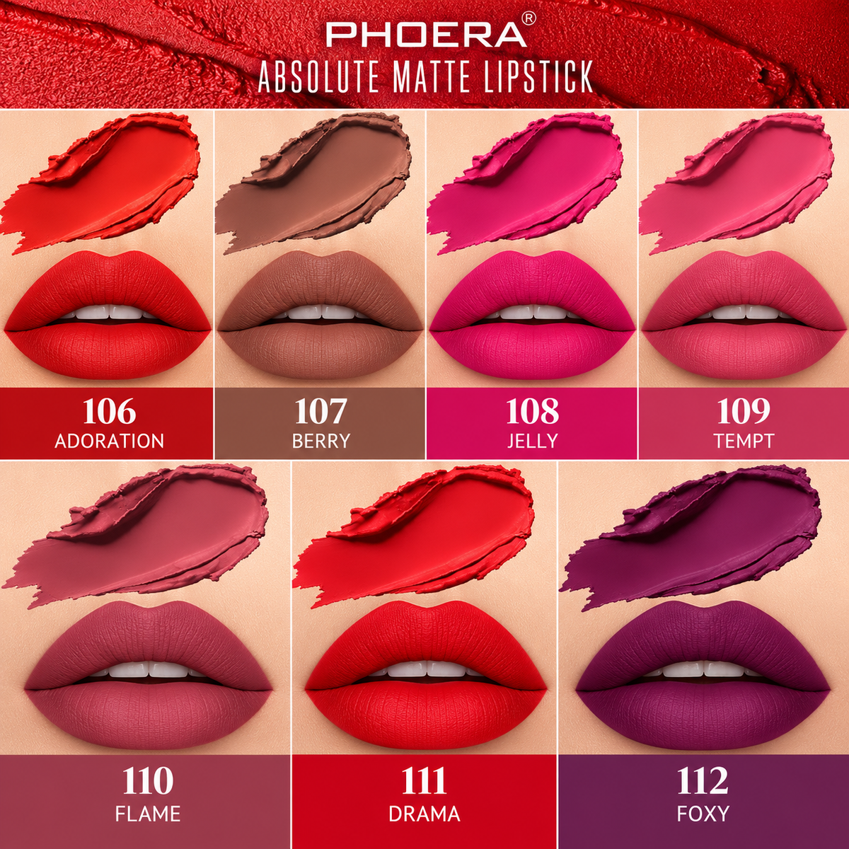 PHOERA Absolute Matte Lipstick – Long Lasting, Highly Pigmented Velvety Lip Colour – 7 Shades