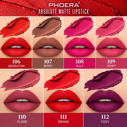 PHOERA Absolute Matte Lipstick – Long Lasting, Highly Pigmented Velvety Lip Colour – 7 Shades