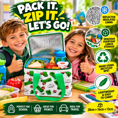 Minecraft Creeper Kids Dinosaur Insulated Lunch Bag – Recycled RPET Cooler Bag for School, Work & Picnics