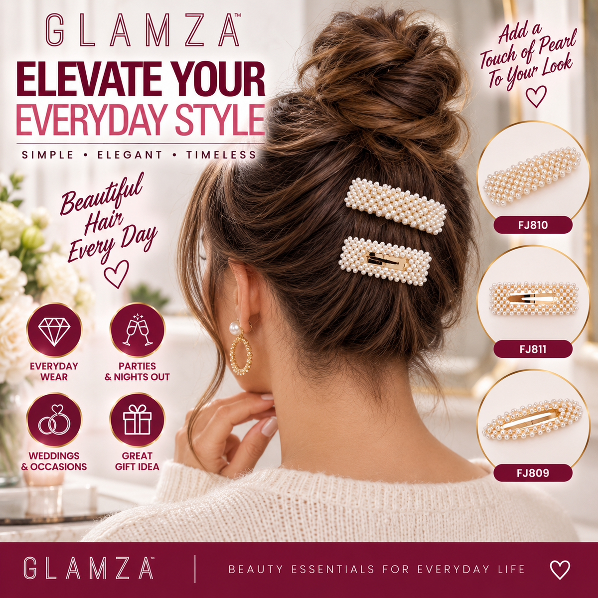 Glamza Pearl Hair Clips – Statement Faux Pearl Hair Barrettes