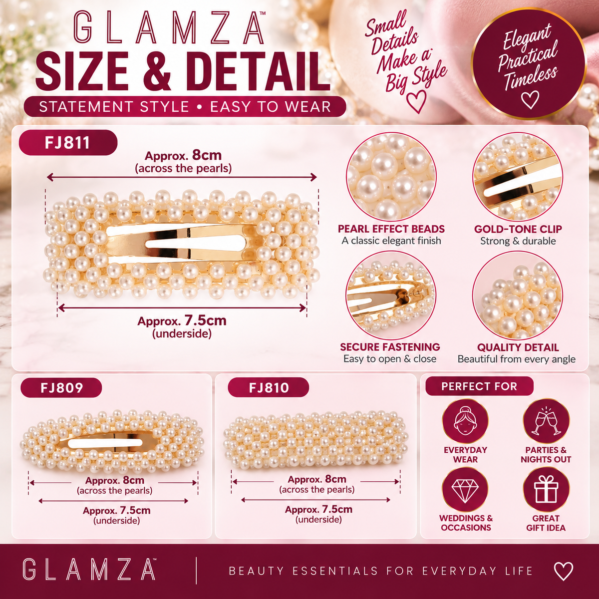 Glamza Pearl Hair Clips – Statement Faux Pearl Hair Barrettes