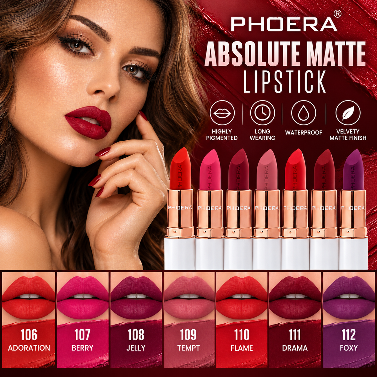 PHOERA Absolute Matte Lipstick – Long Lasting, Highly Pigmented Velvety Lip Colour – 7 Shades