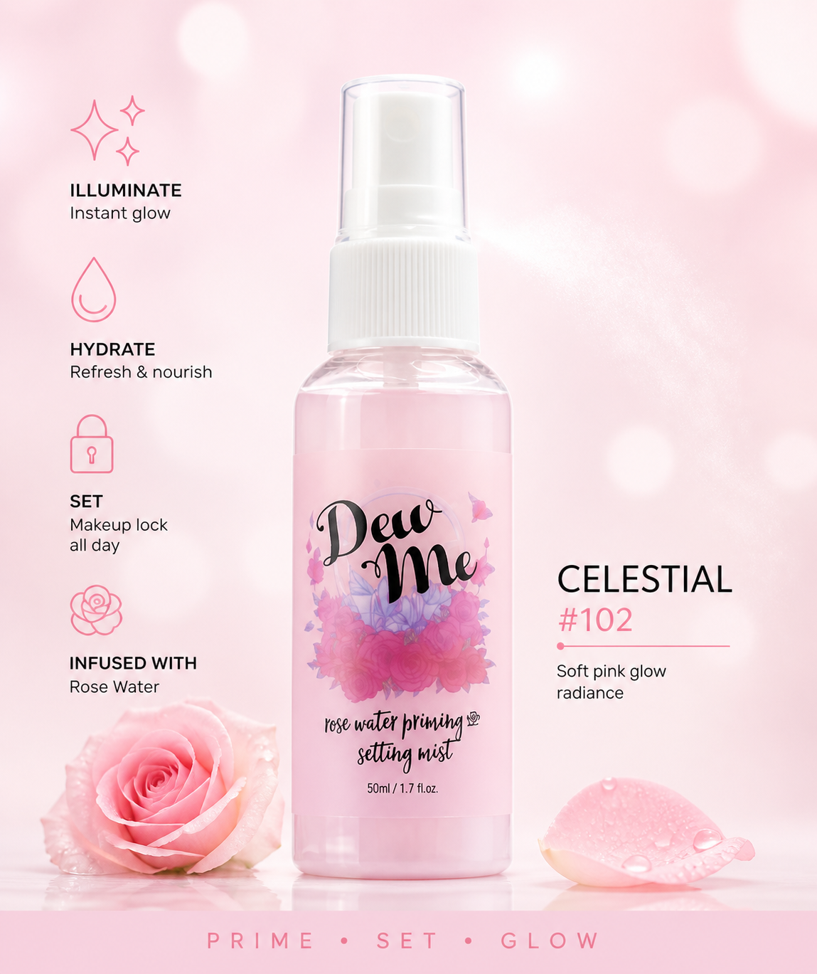 Phoera Dew Me Priming & Setting Sprays 50ml – Hydrating Illuminating Makeup Mist with Hyaluronic Acid