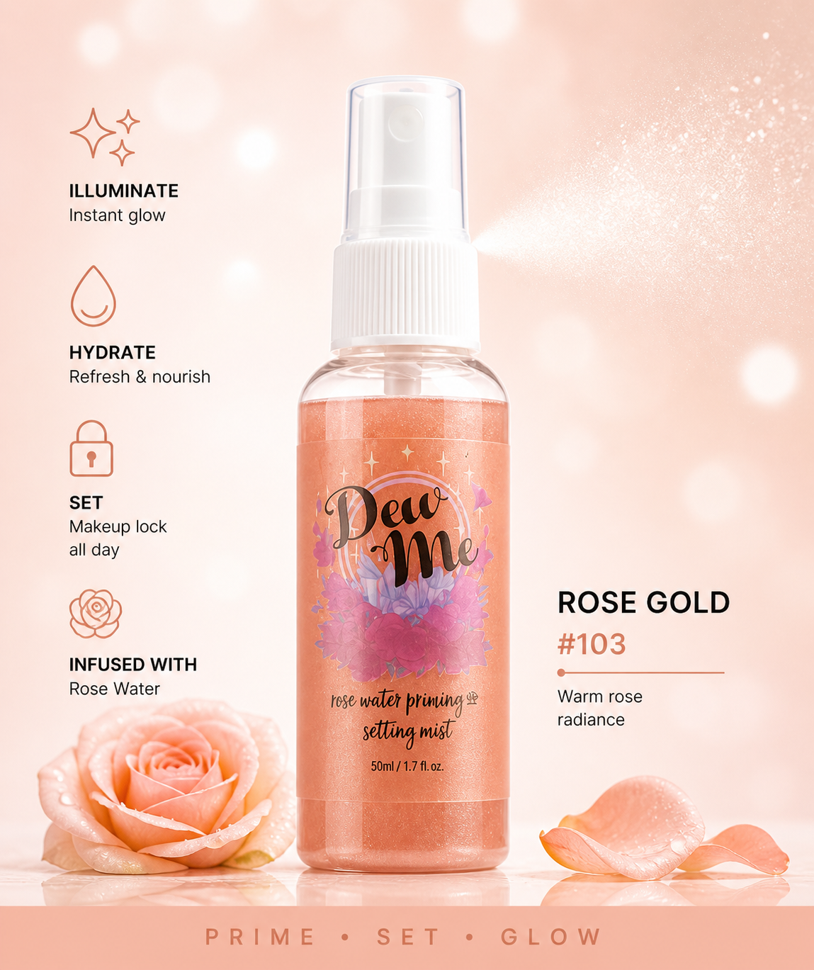 Phoera Dew Me Priming & Setting Sprays 50ml – Hydrating Illuminating Makeup Mist with Hyaluronic Acid