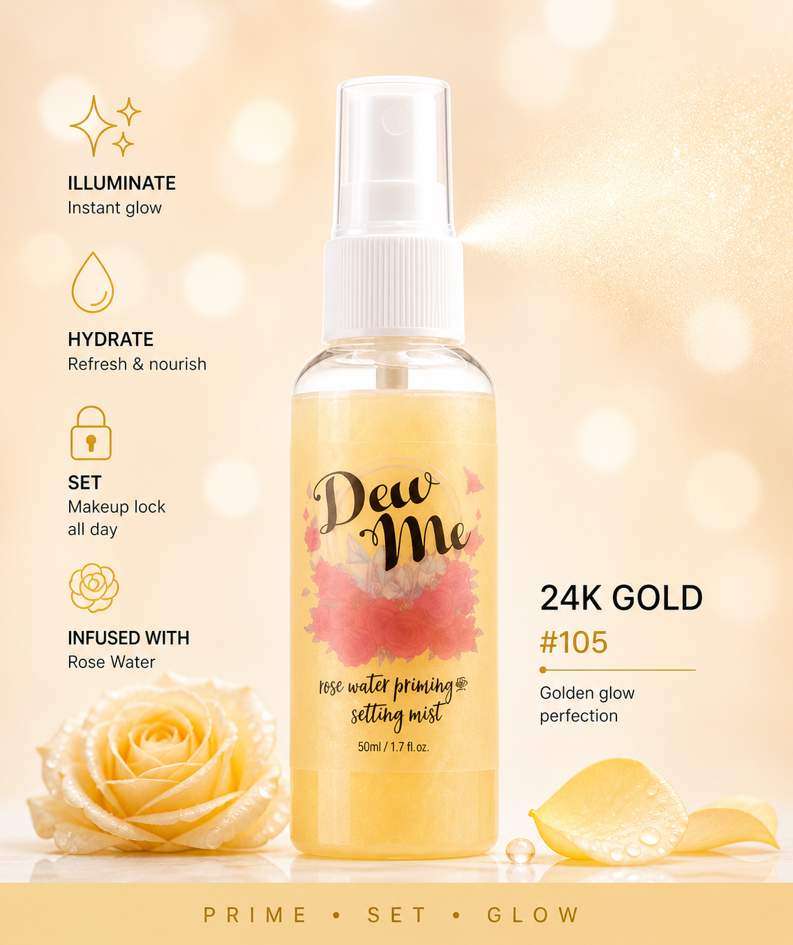 Phoera Dew Me Priming & Setting Sprays 50ml – Hydrating Illuminating Makeup Mist with Hyaluronic Acid