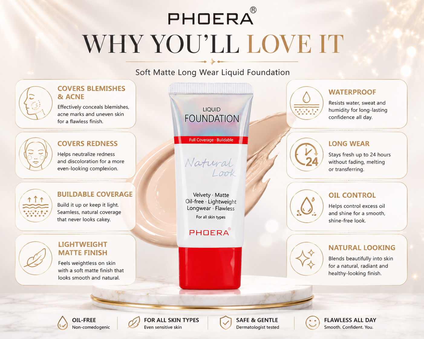 Phoera Flawless Matte Liquid Foundation Tube (12 Shades Available - Select in Dropdown)