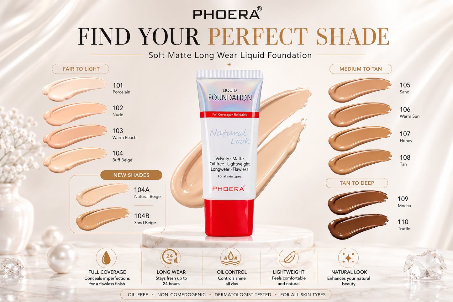 Phoera Flawless Matte Liquid Foundation Tube (12 Shades Available - Select in Dropdown)