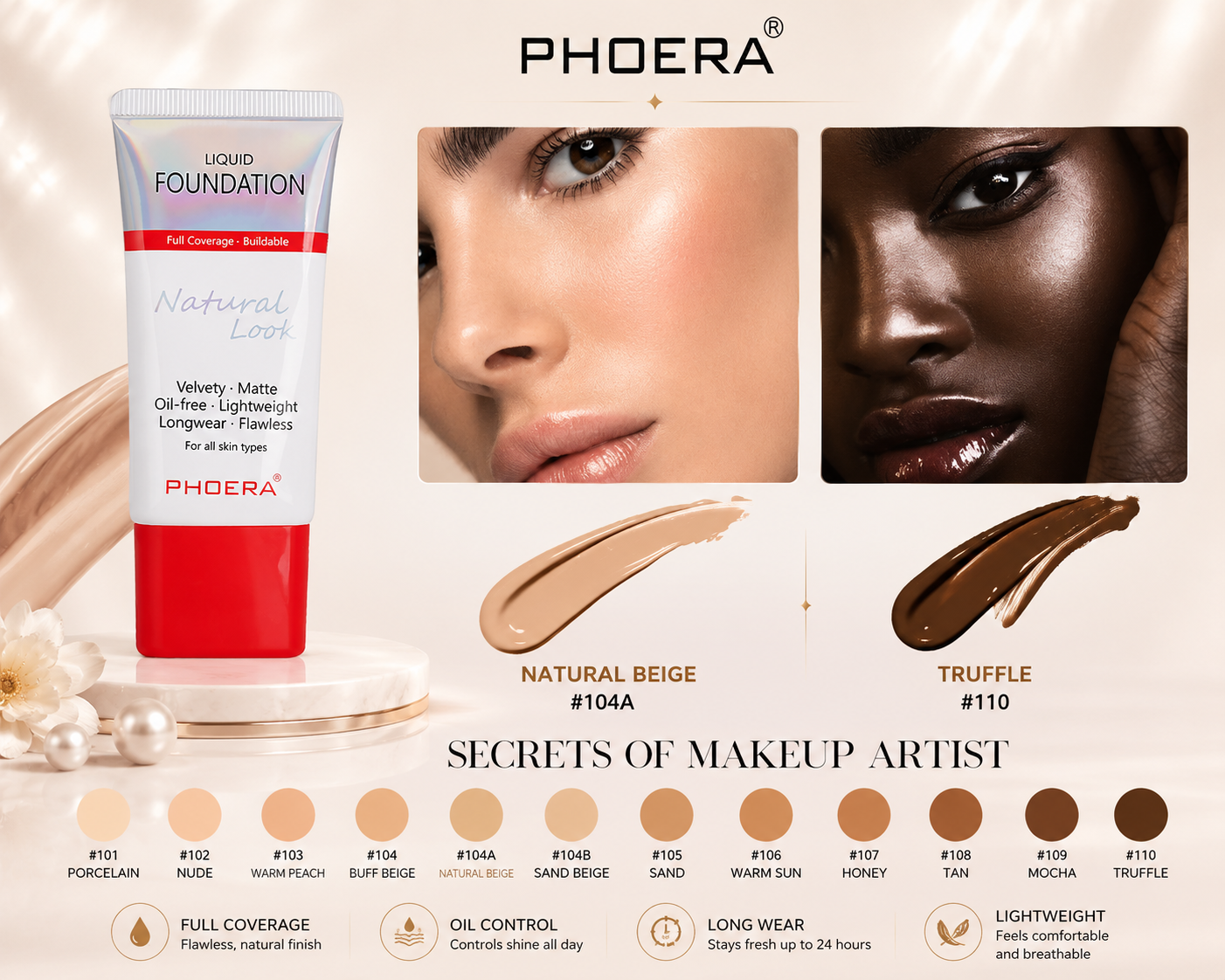 Phoera Flawless Matte Liquid Foundation Tube (12 Shades Available - Select in Dropdown)