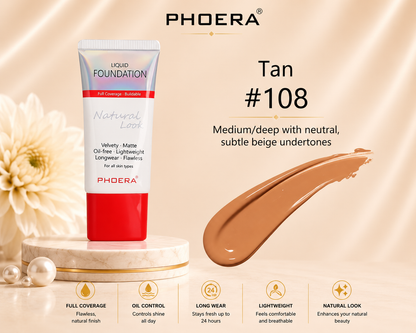Phoera Flawless Matte Liquid Foundation Tube (12 Shades Available - Select in Dropdown)