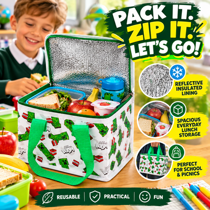 Minecraft Creeper Kids Dinosaur Insulated Lunch Bag – Recycled RPET Cooler Bag for School, Work & Picnics