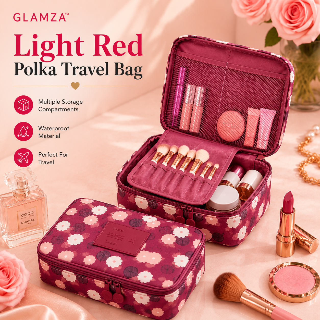 Glamza Polka Makeup Storage & Travel Bag – Stylish & Practical Organiser