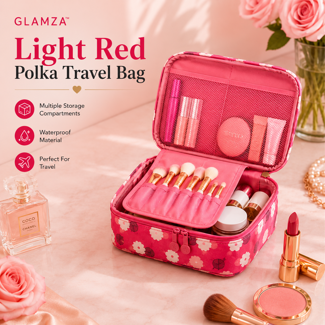 Glamza Polka Makeup Storage & Travel Bag – Stylish & Practical Organiser
