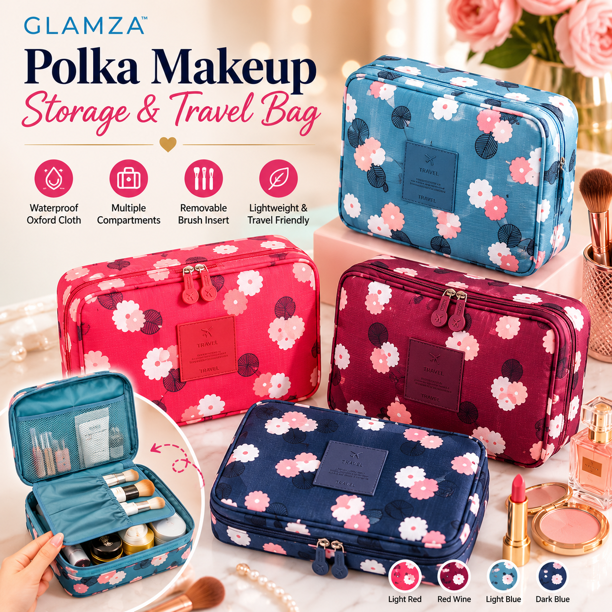 Glamza Polka Makeup Storage & Travel Bag – Stylish & Practical Organiser