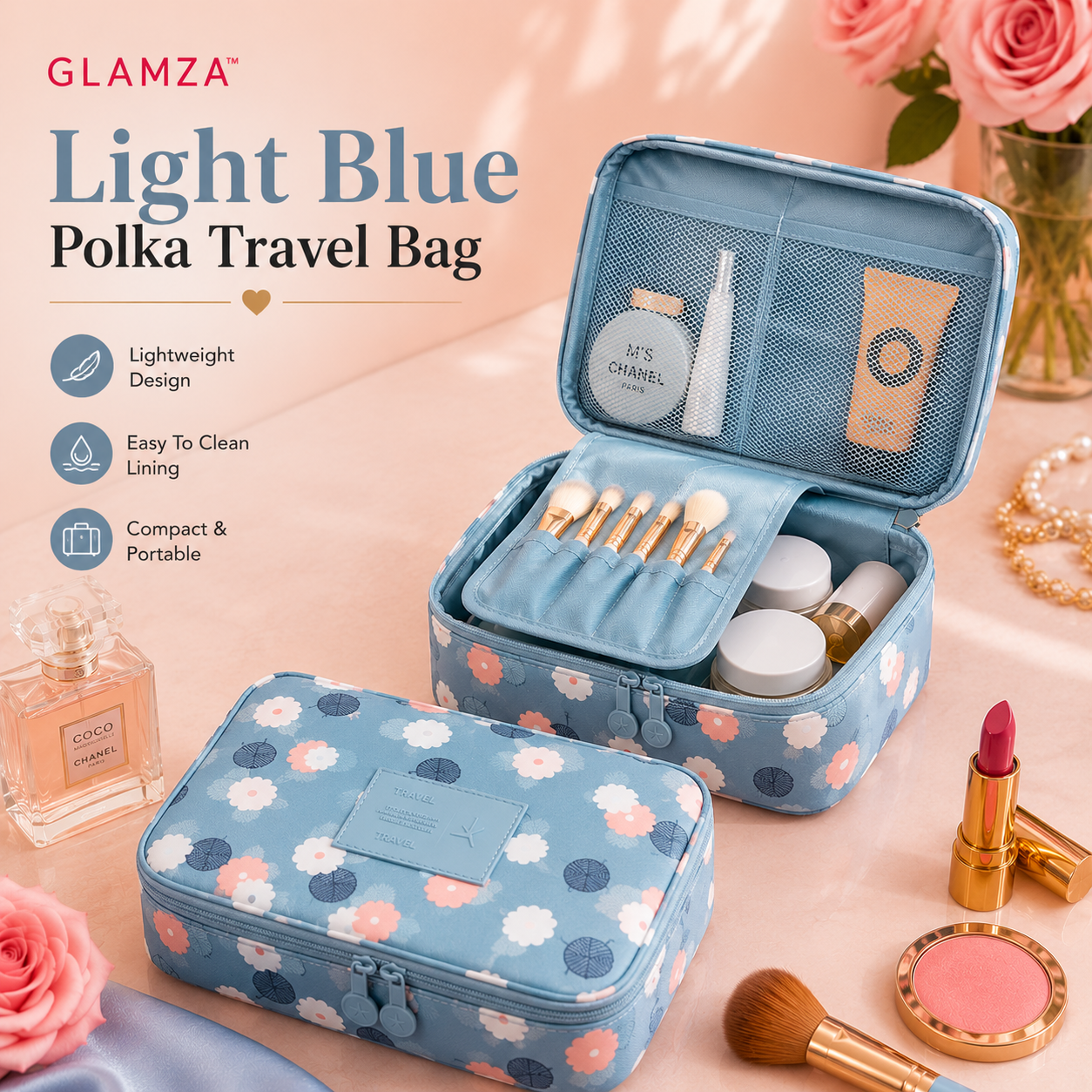 Glamza Polka Makeup Storage & Travel Bag – Stylish & Practical Organiser