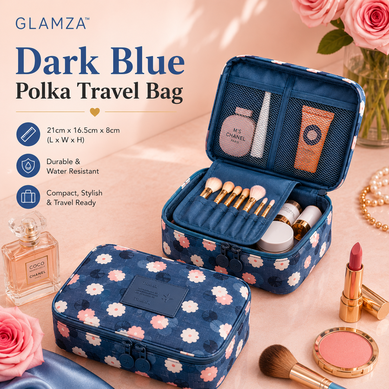 Glamza Polka Makeup Storage & Travel Bag – Stylish & Practical Organiser