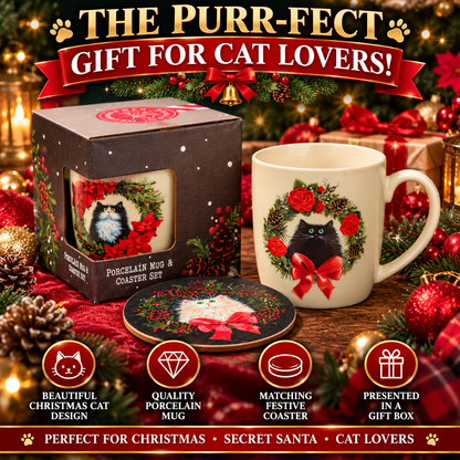 Puckator Kim Haskins Christmas Wreath Cat Porcelain Tea Coffee Mug & Coaster Set