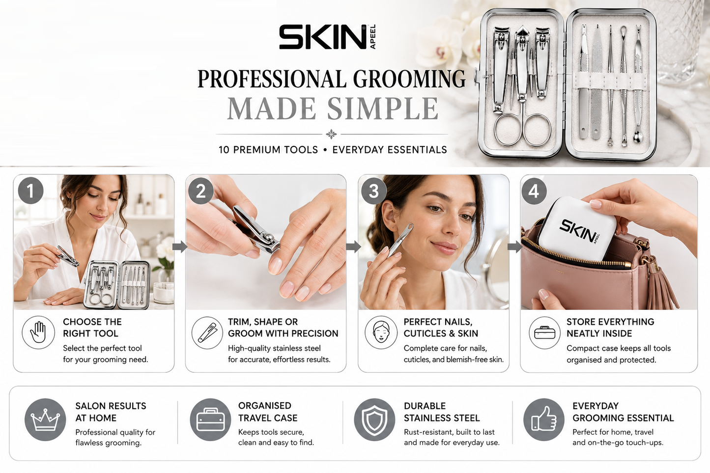 Skinapeel Mini 10pc Manicure Kit – Stainless Steel Grooming Set