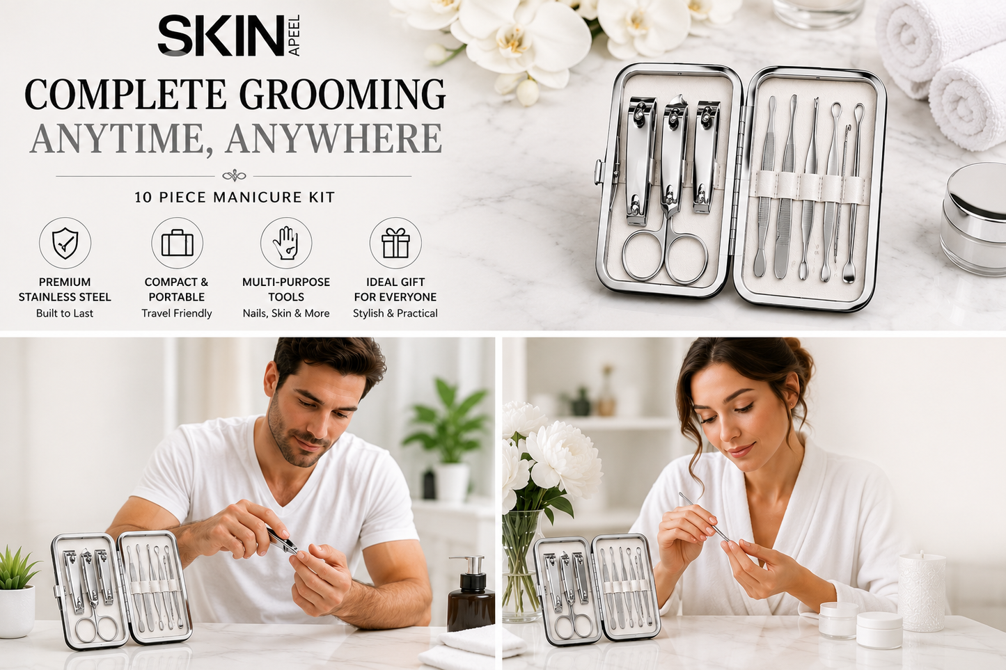 Skinapeel Mini 10pc Manicure Kit – Stainless Steel Grooming Set