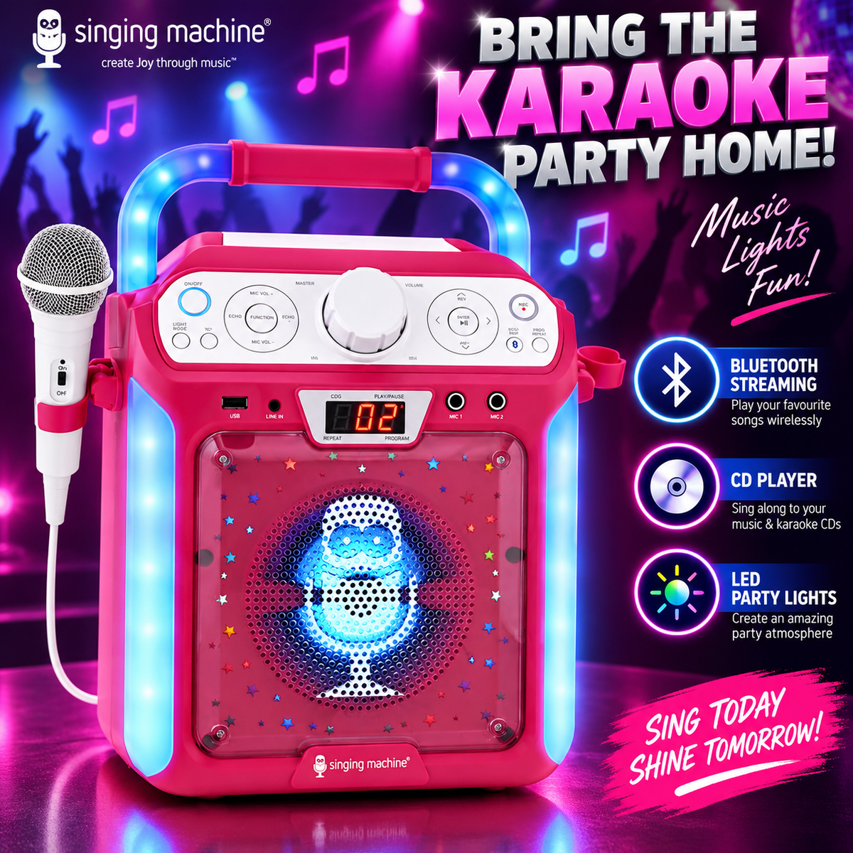 Singing Machine SML682BTP Bluetooth and CD Karaoke Machine with LED Lights and Microphone