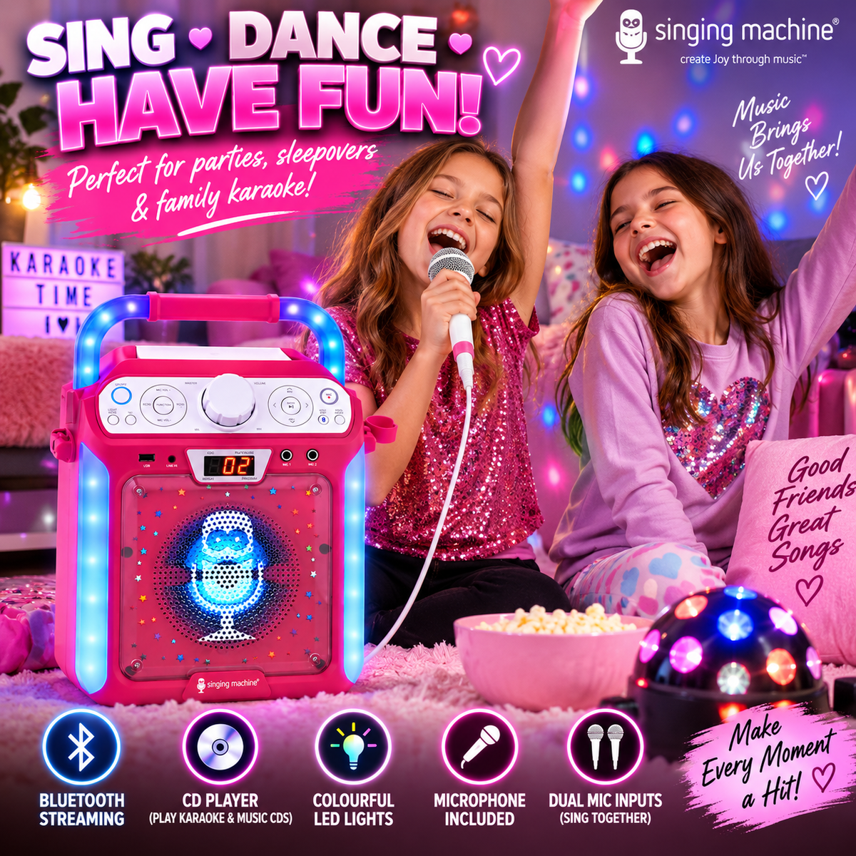 Singing Machine SML682BTP Bluetooth and CD Karaoke Machine with LED Lights and Microphone