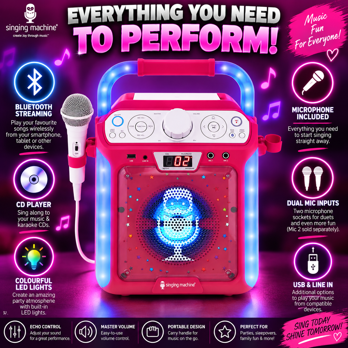 Singing Machine SML682BTP Bluetooth and CD Karaoke Machine with LED Lights and Microphone