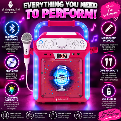 Singing Machine SML682BTP Bluetooth and CD Karaoke Machine with LED Lights and Microphone