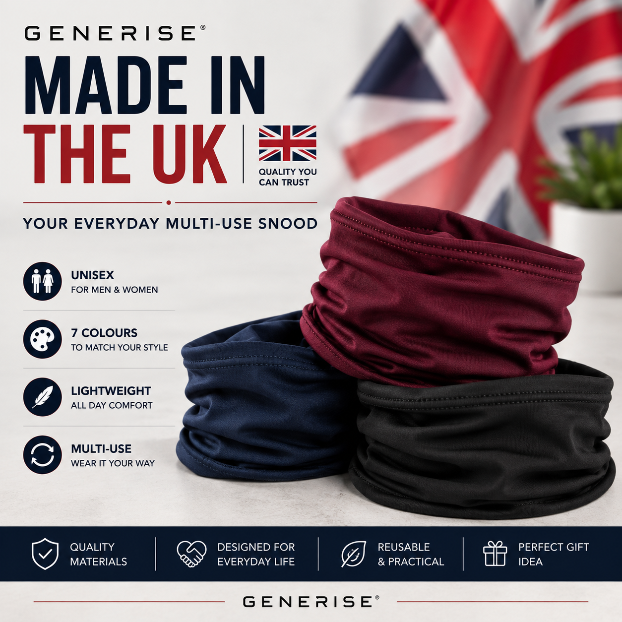 GENERISE Unisex Snood Neck Warmer | UK Made | 7 Colours