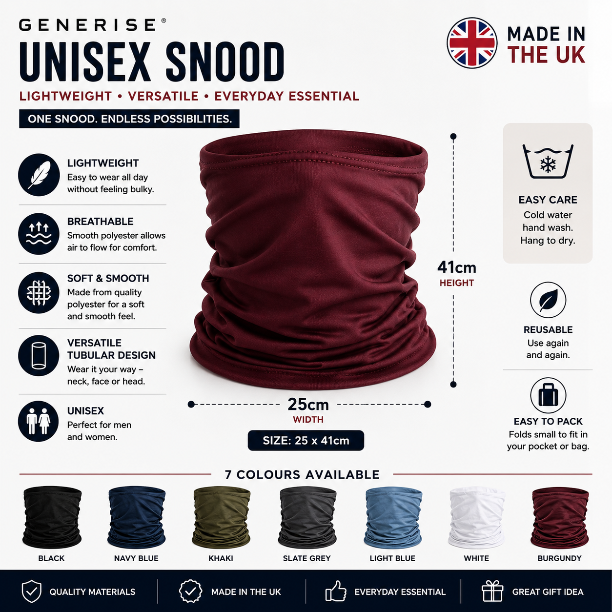 GENERISE Unisex Snood Neck Warmer | UK Made | 7 Colours