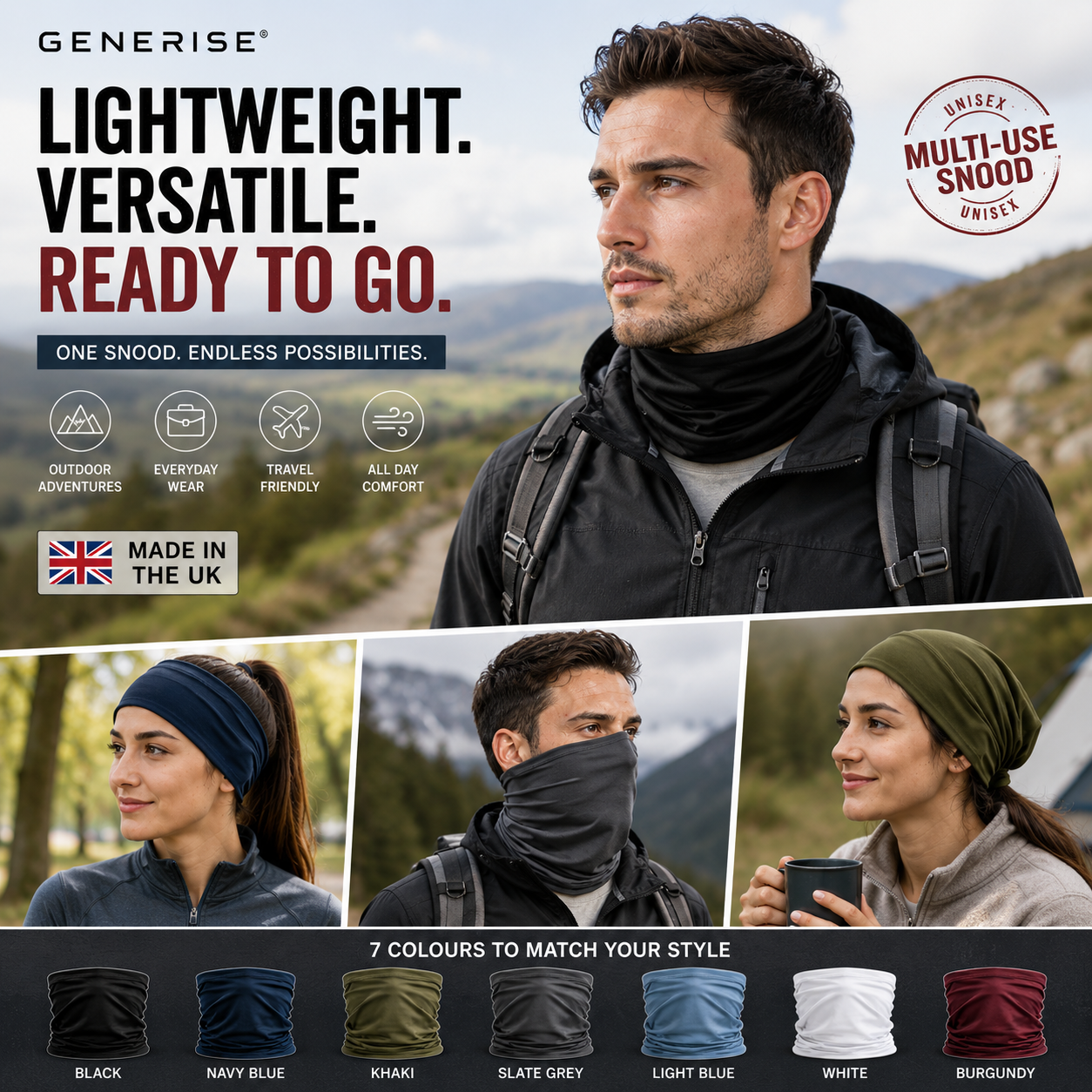 GENERISE Unisex Snood Neck Warmer | UK Made | 7 Colours