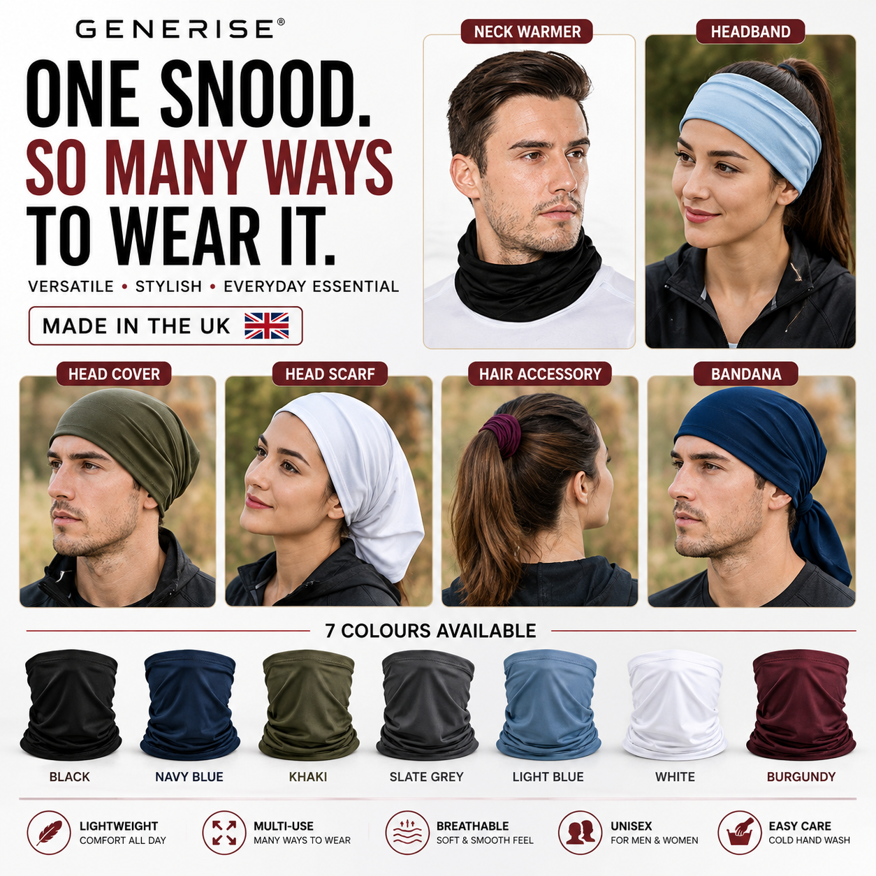 GENERISE Unisex Snood Neck Warmer | UK Made | 7 Colours