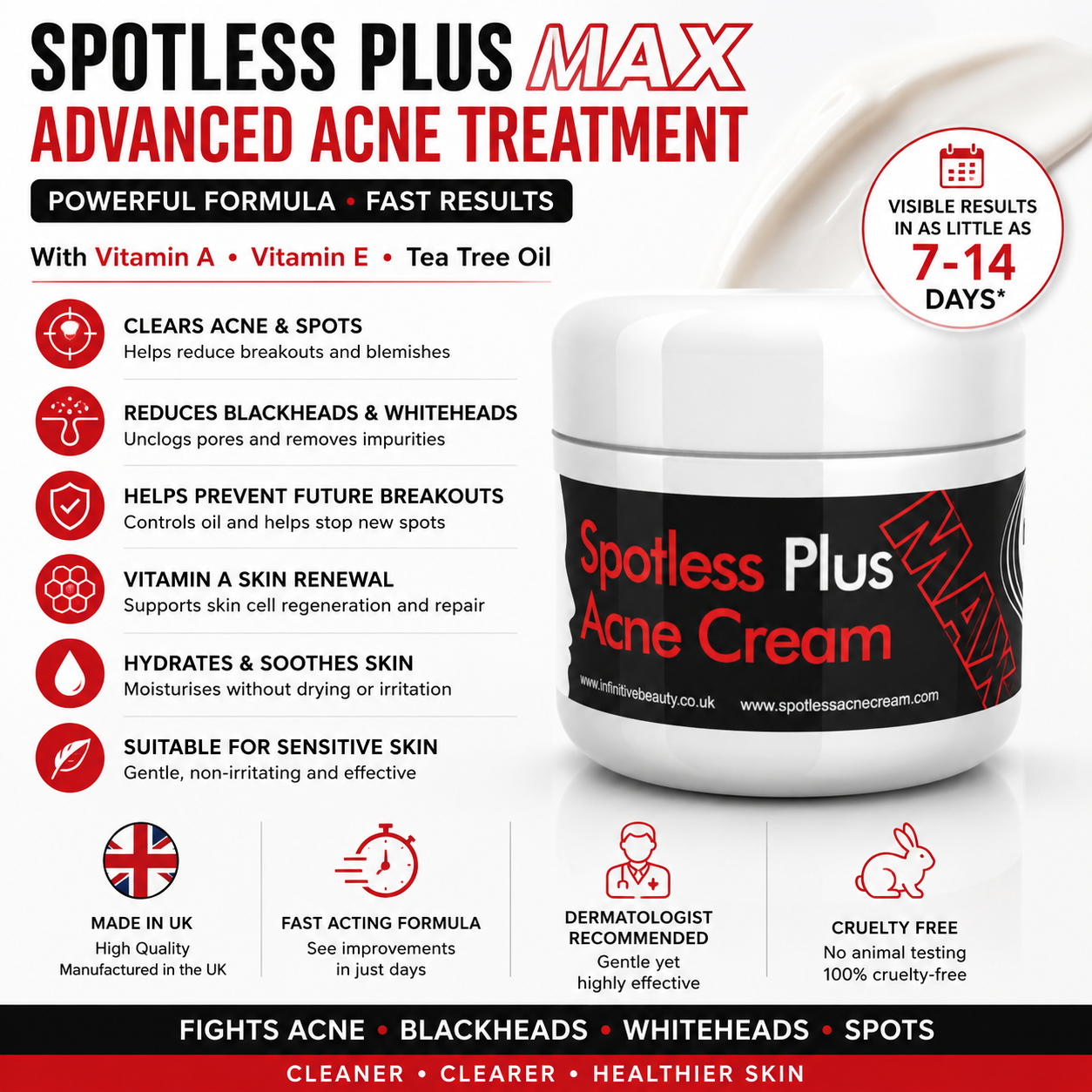 Spotless Plus Max Acne Cream – Powerful Acne Treatment with Vitamin A & Antioxidants – 50g