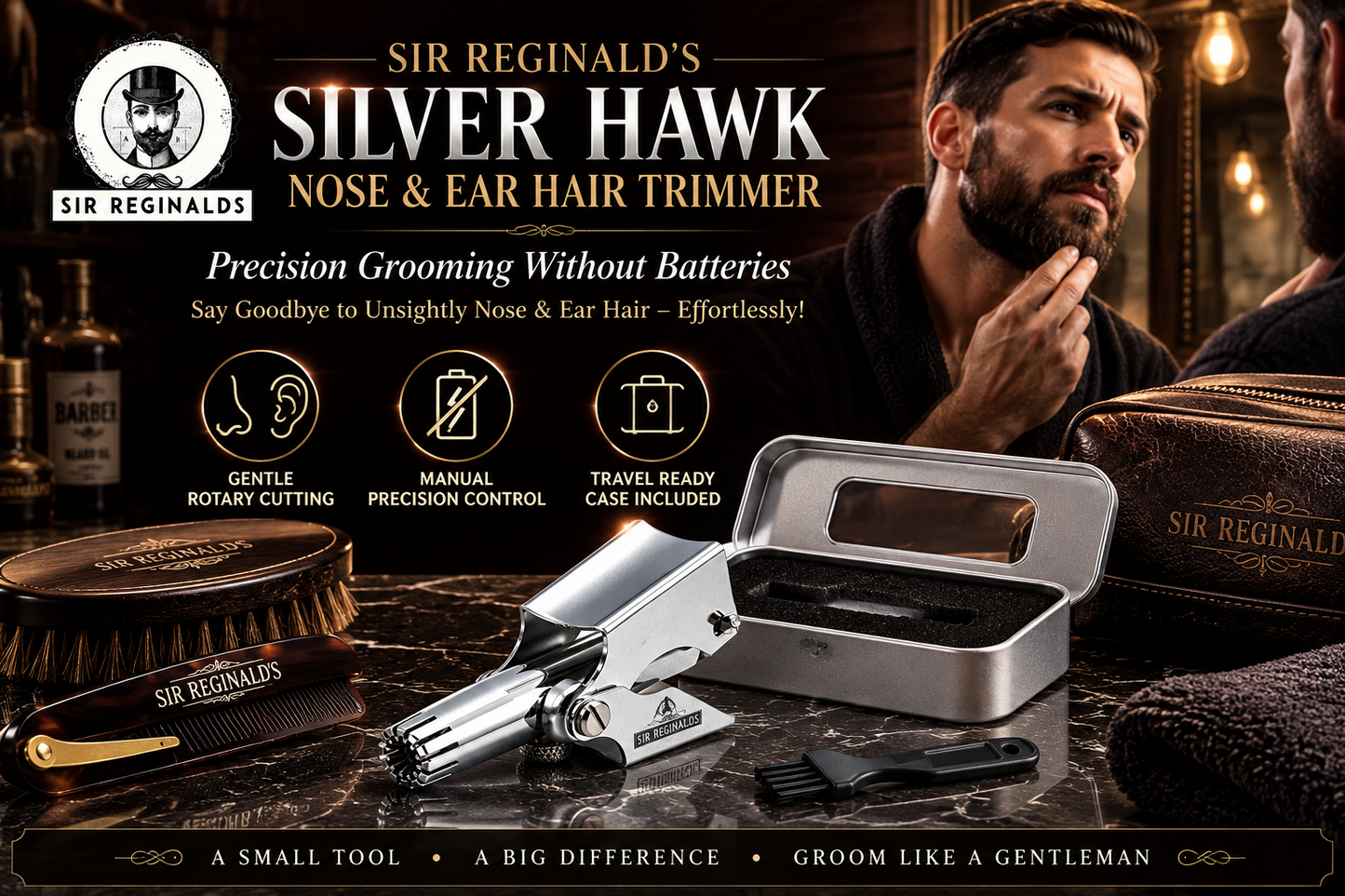 Sir Reginald's Silver Hawk Ear and Nose Hair Trimmer