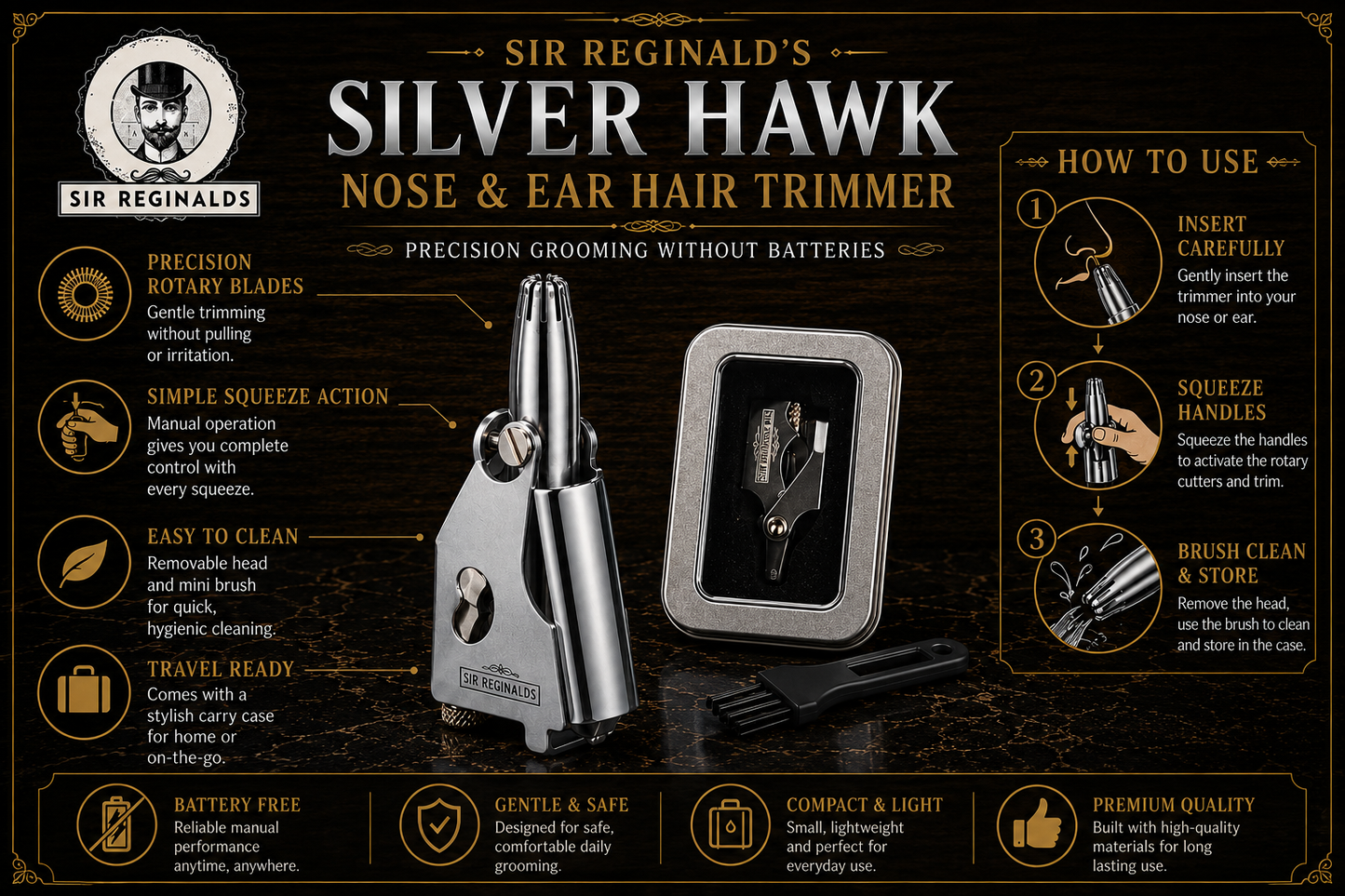 Sir Reginald's Silver Hawk Ear and Nose Hair Trimmer
