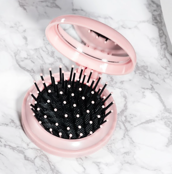 Glamza Round Folding Detangle Hair Brush with Mirror