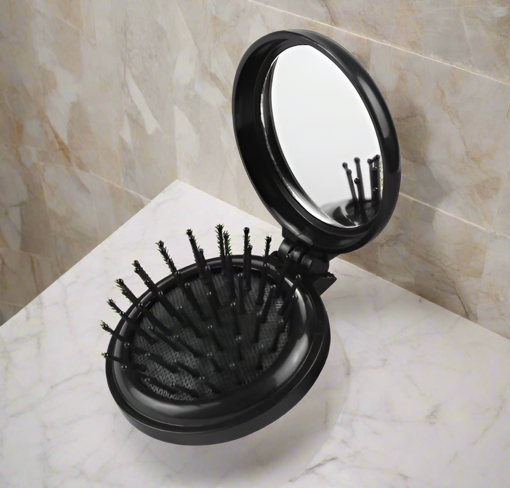 Glamza Round Folding Detangle Hair Brush with Mirror