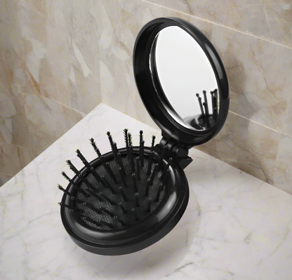 Glamza Round Folding Detangle Hair Brush with Mirror