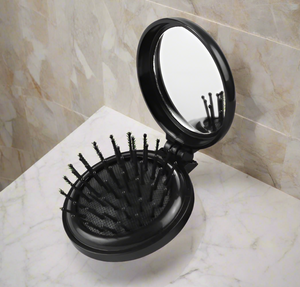 Glamza Round Folding Detangle Hair Brush with Mirror