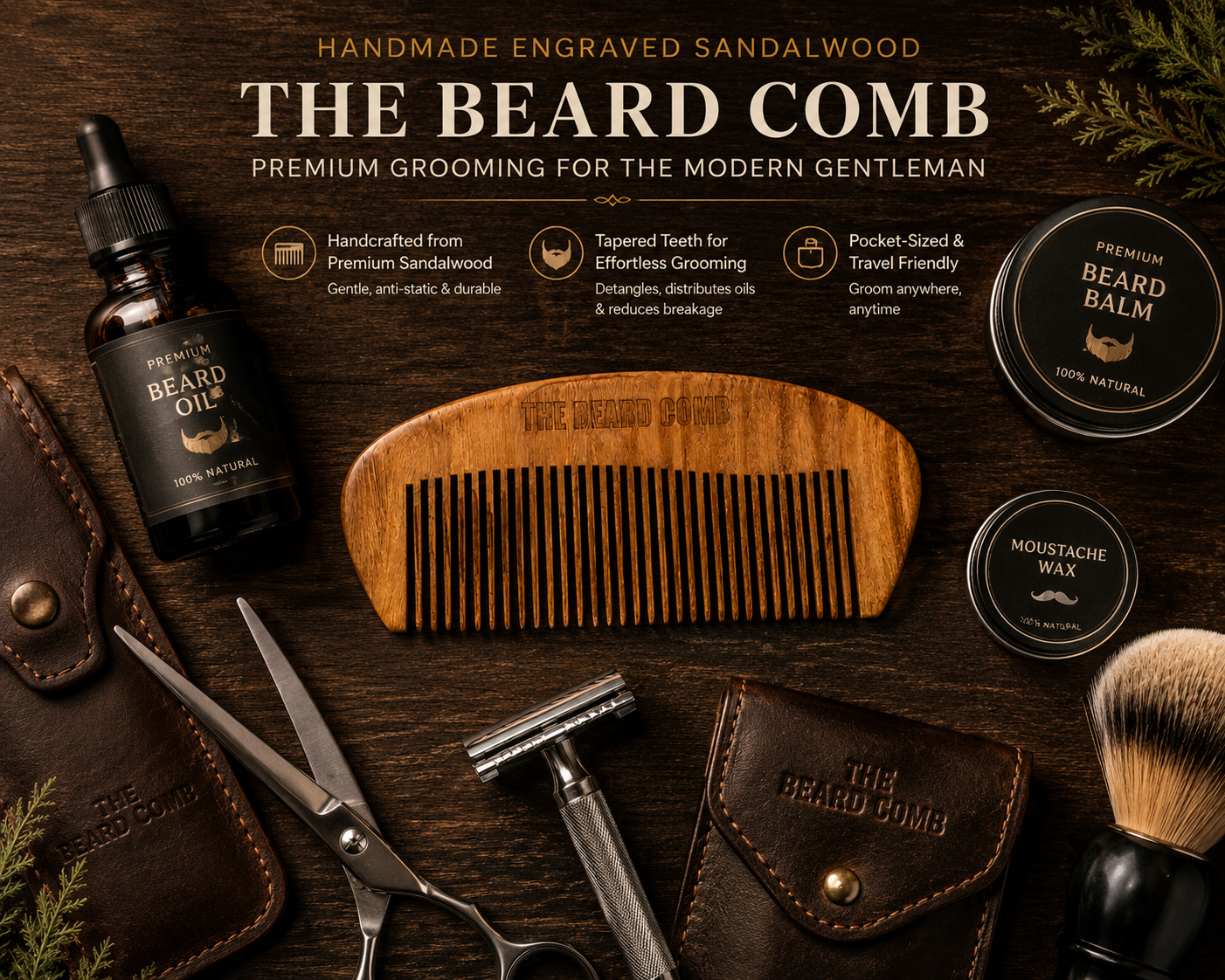 The Beard Comb Handmade & Engraved Sandalwood – Premium Grooming for the Modern Gentleman