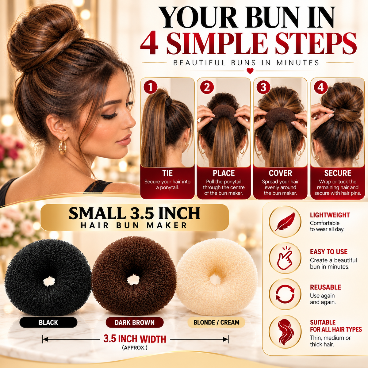 Hair Styling Buns – 3 Colours - 3.5 Inch Width