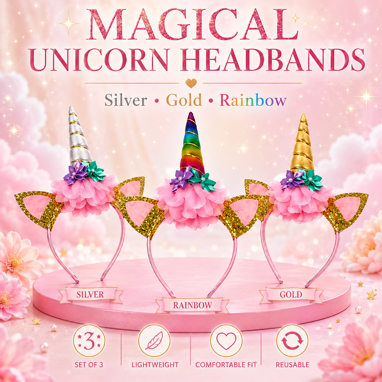 Children’s Unicorn Headbands – Cute & Comfortable - Ideal For Birthdays, Fancy Dress, Play Time!