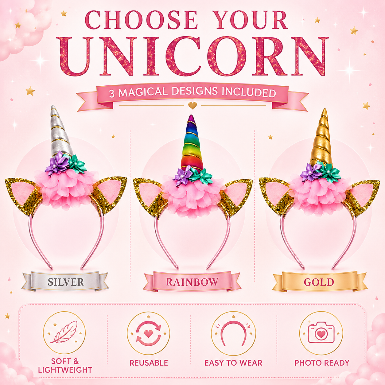 Children’s Unicorn Headbands – Cute & Comfortable - Ideal For Birthdays, Fancy Dress, Play Time!