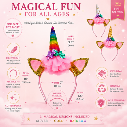 Children’s Unicorn Headbands – Cute & Comfortable - Ideal For Birthdays, Fancy Dress, Play Time!