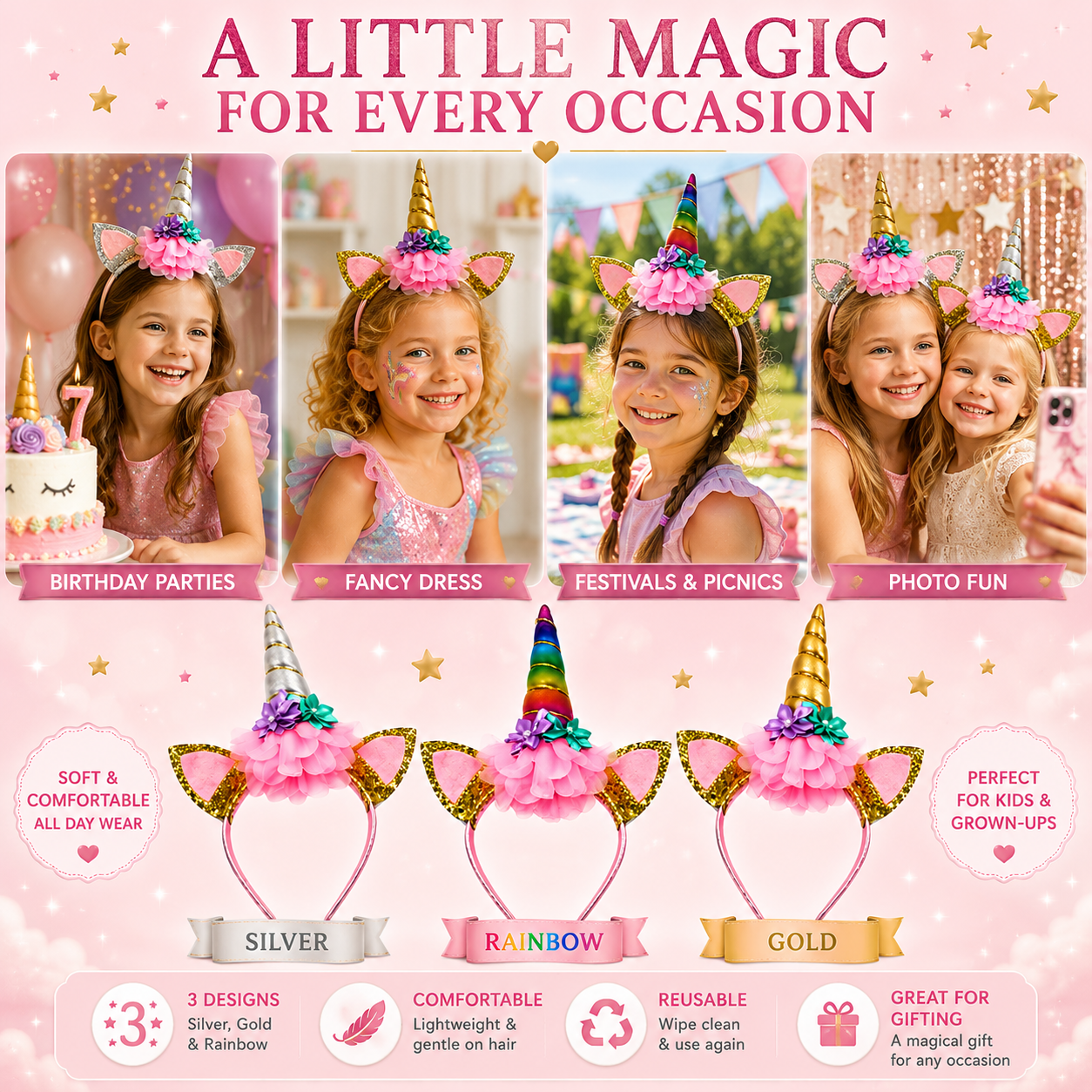 Children’s Unicorn Headbands – Cute & Comfortable - Ideal For Birthdays, Fancy Dress, Play Time!