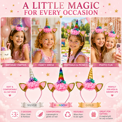 Children’s Unicorn Headbands – Cute & Comfortable - Ideal For Birthdays, Fancy Dress, Play Time!