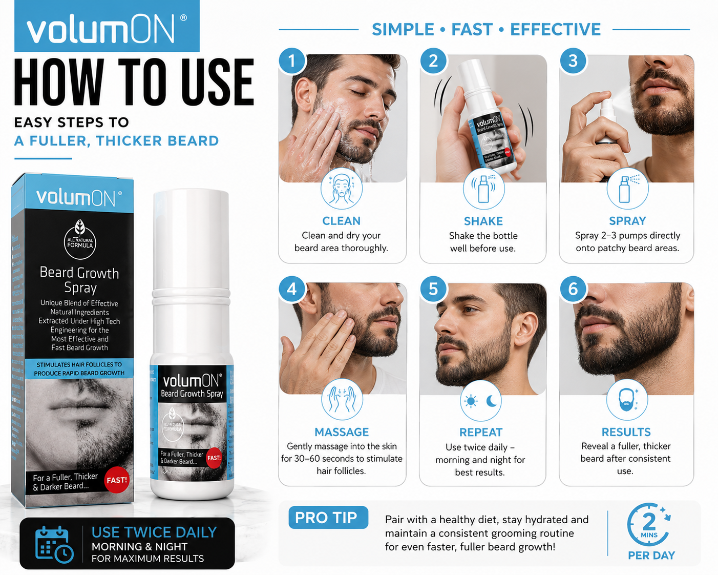 Volumon Beard Growth Spray – 60ml, 120ml, or 180ml – Fuller, Thicker Beard Fast