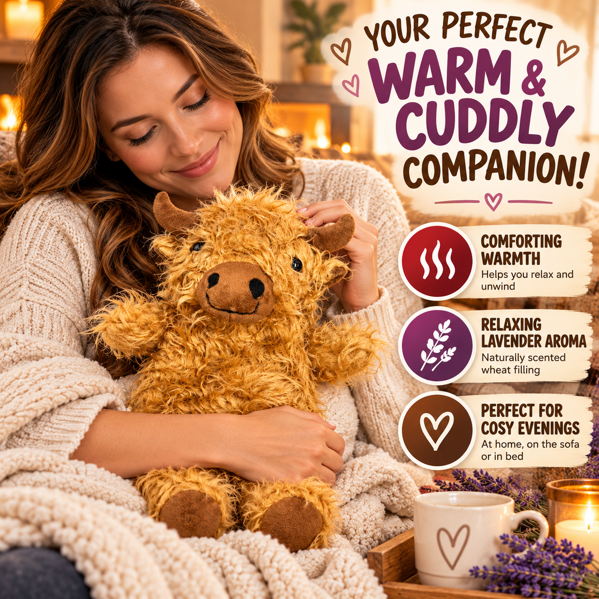 Puckator Highland Coo Cow Microwavable Wheat & Lavender Heat Pack – Plush Highland Cow Warmer