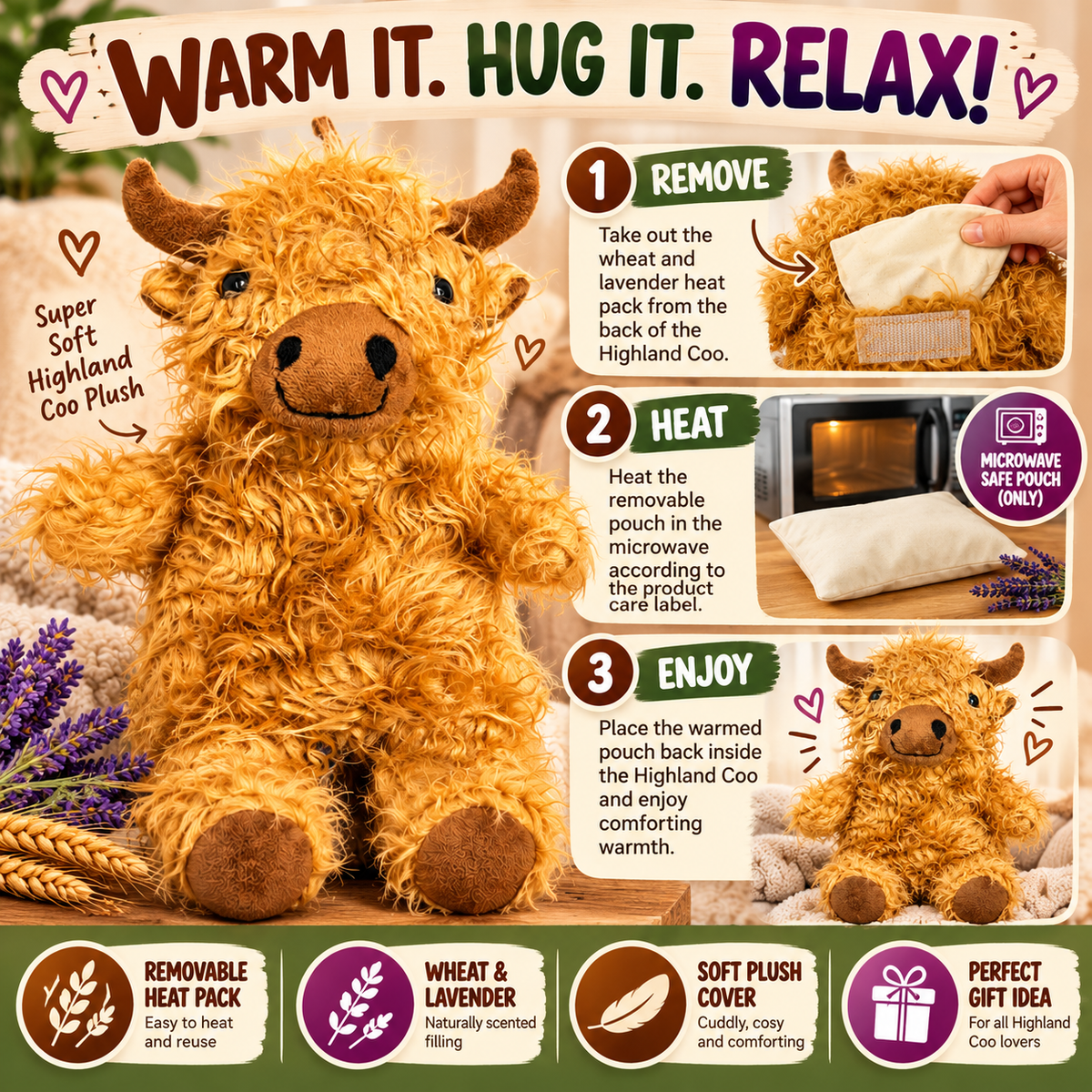 Puckator Highland Coo Cow Microwavable Wheat & Lavender Heat Pack – Plush Highland Cow Warmer