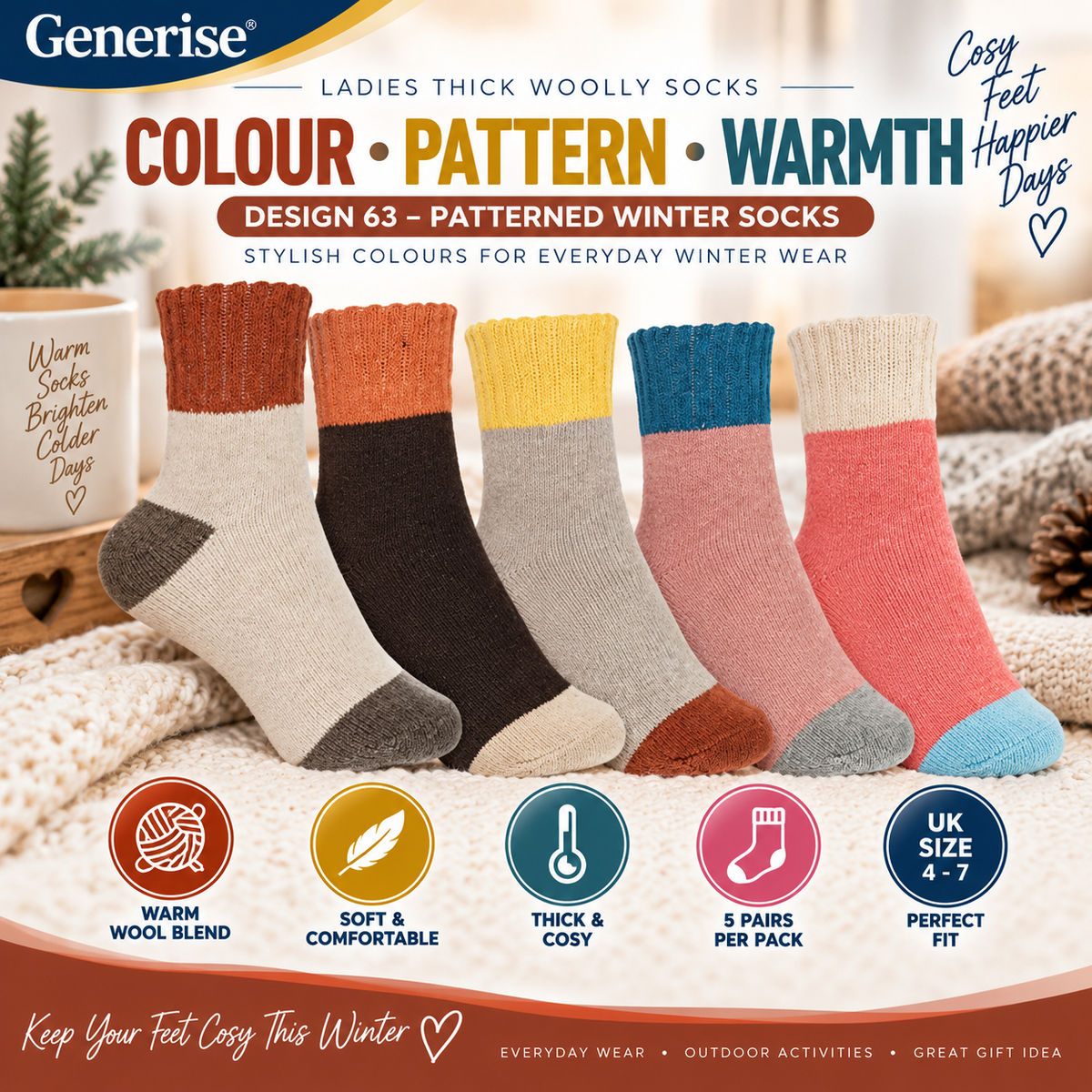 Thick Woolly Thermal Socks – 5 Pairs | UK Size 4–7 | 5 Designs