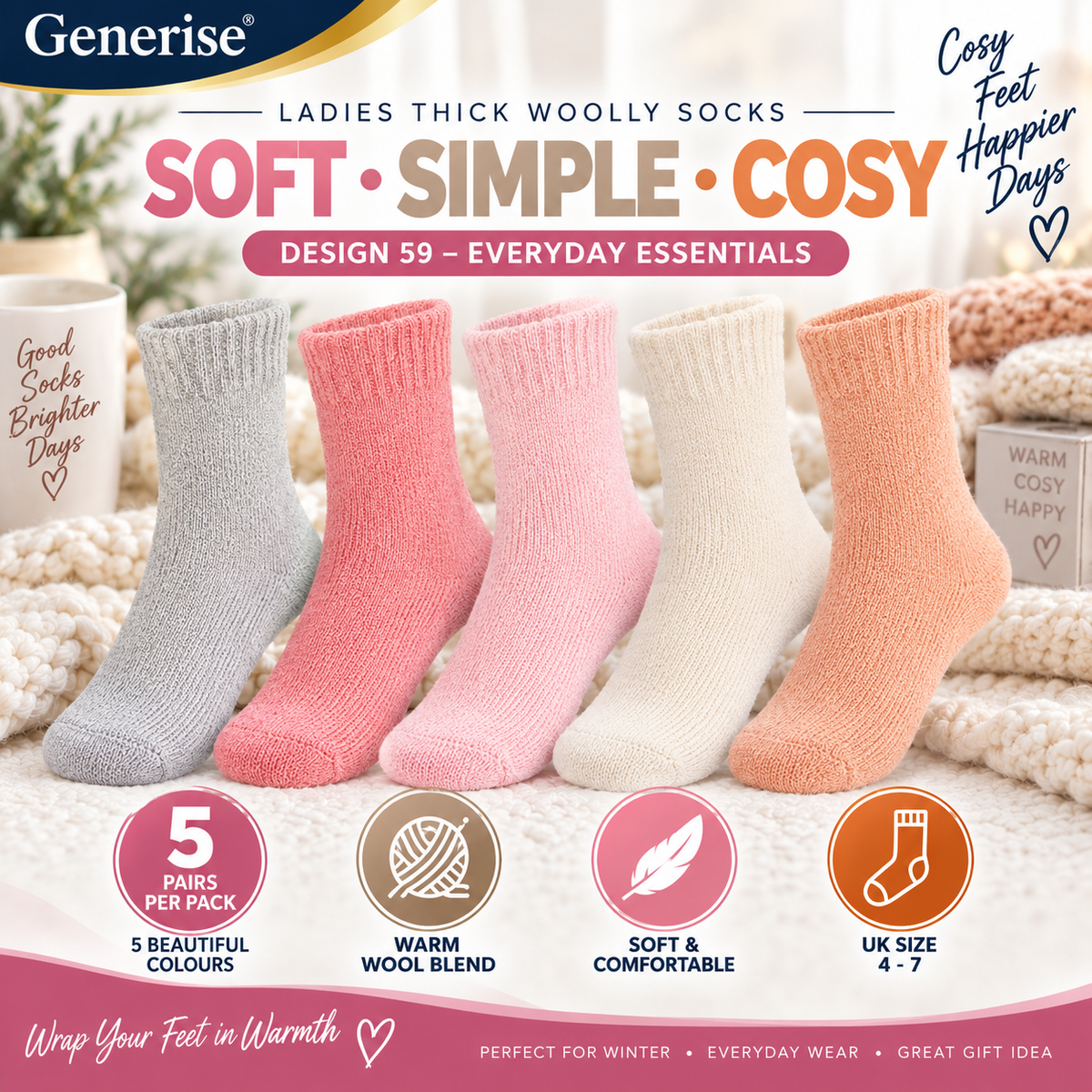 Thick Woolly Thermal Socks – 5 Pairs | UK Size 4–7 | 5 Designs